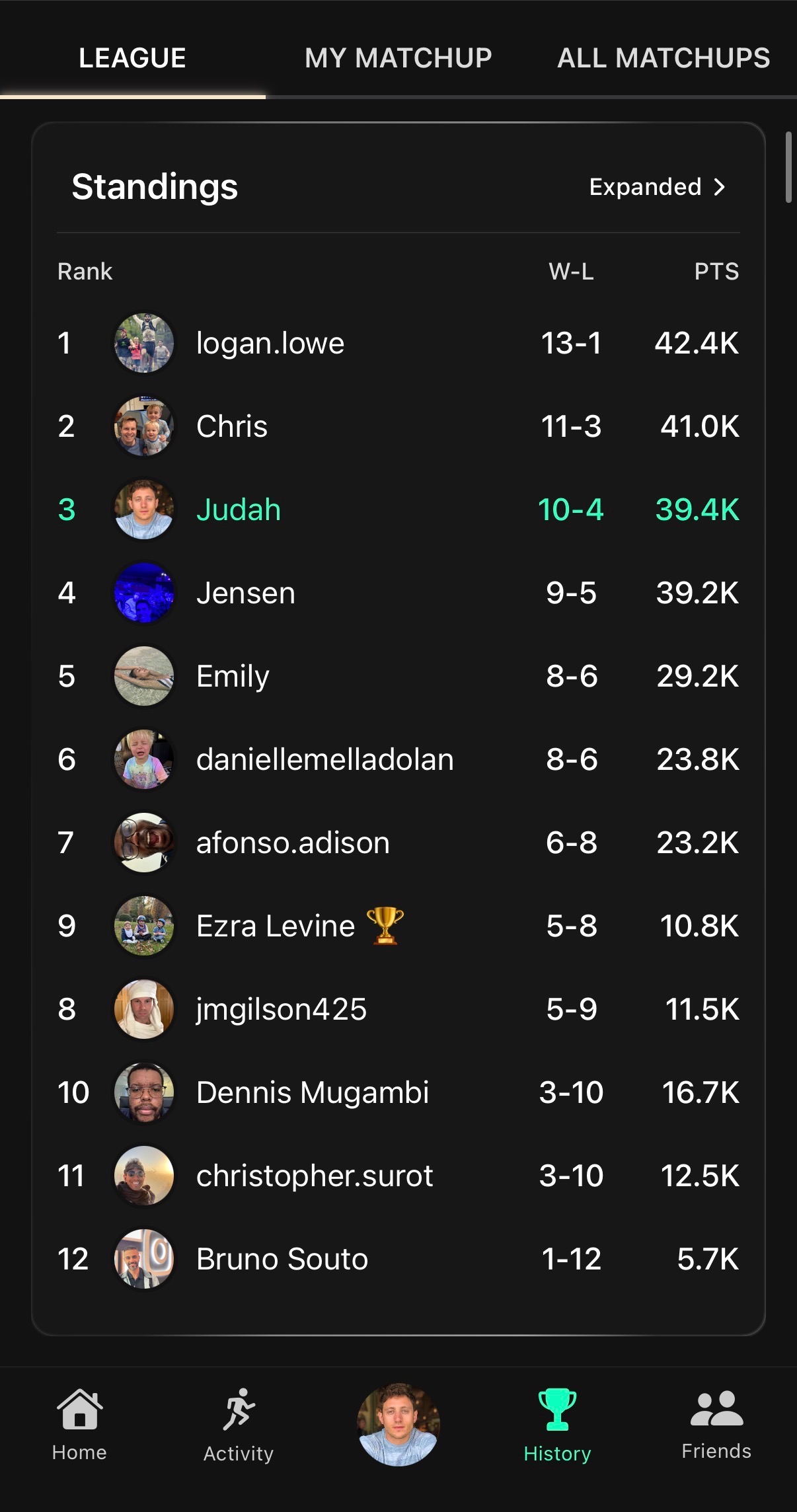 Viva league standings screen